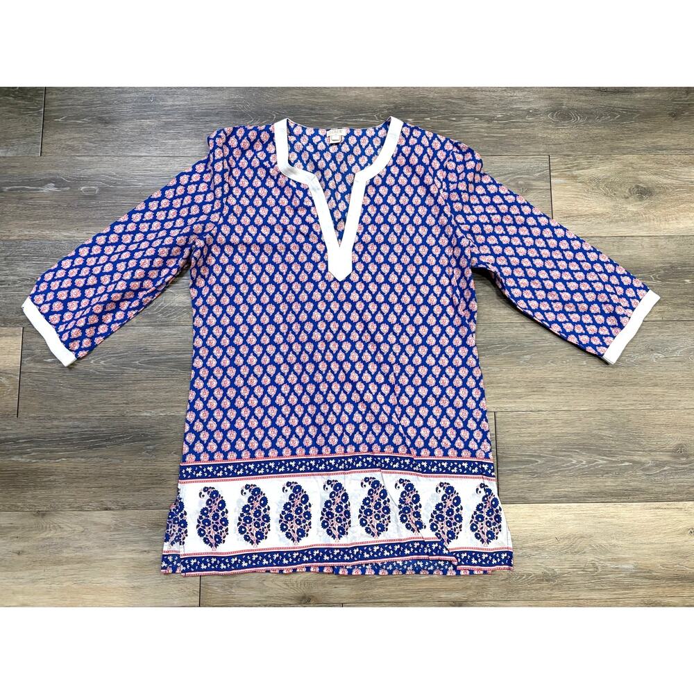 J. Crew Blue Pink Paisley Floral Tunic Top Large Boho Split Neck 3/4 Sleeve